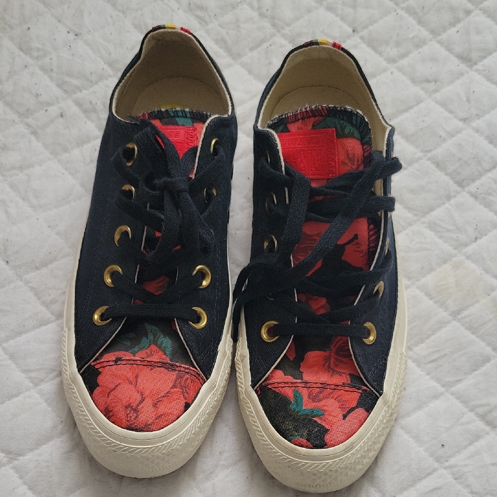 Converse Black Canvas Low-Tops with Red Floral Accents